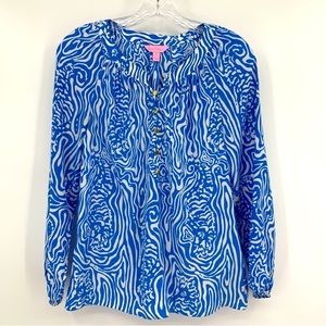 Lilly Pulitzer Silk Blouse Night Swimming Camille Solar Blue and White Size XS